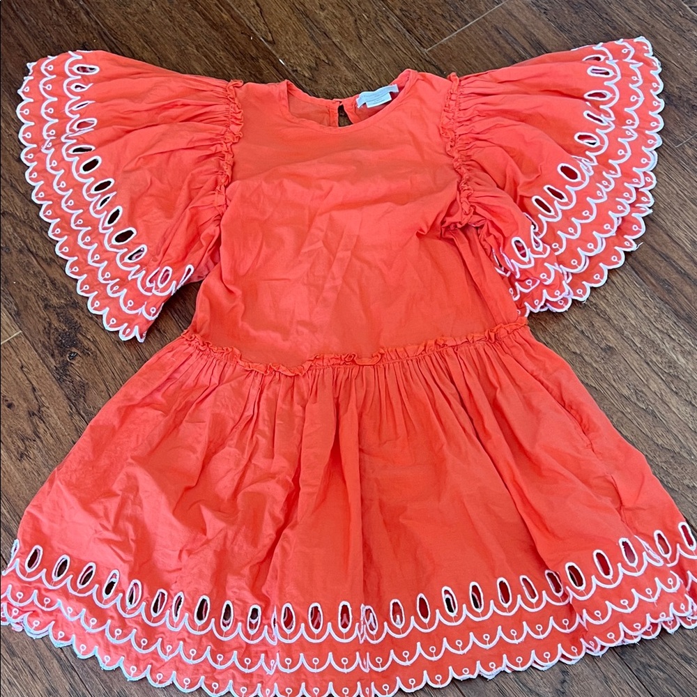 Girls Stella McCartney Bright Coral Eyelet Flutter Dress
